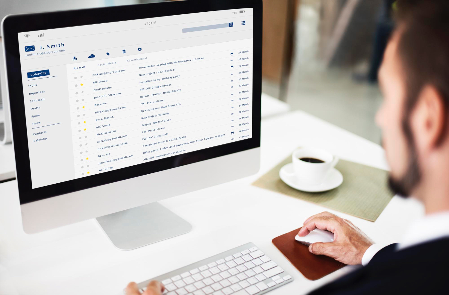 Person viewing an email inbox dashboard
